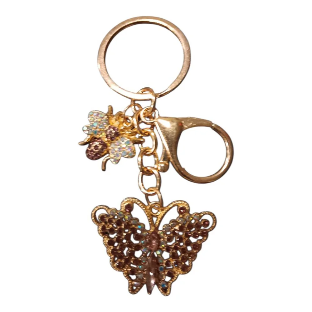 Amethyst Color Rhinestone Butterfly Bumblebee Gold Tone Keychain Purse Charm